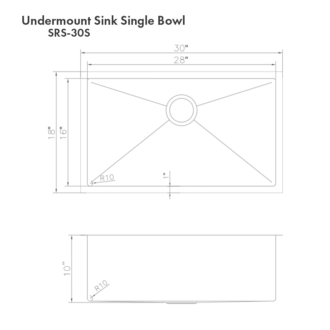 SRS-30S - 30" Meribel Undermount Single Bowl Satin Stainless Steel Kitchen Sink with Bottom Grid