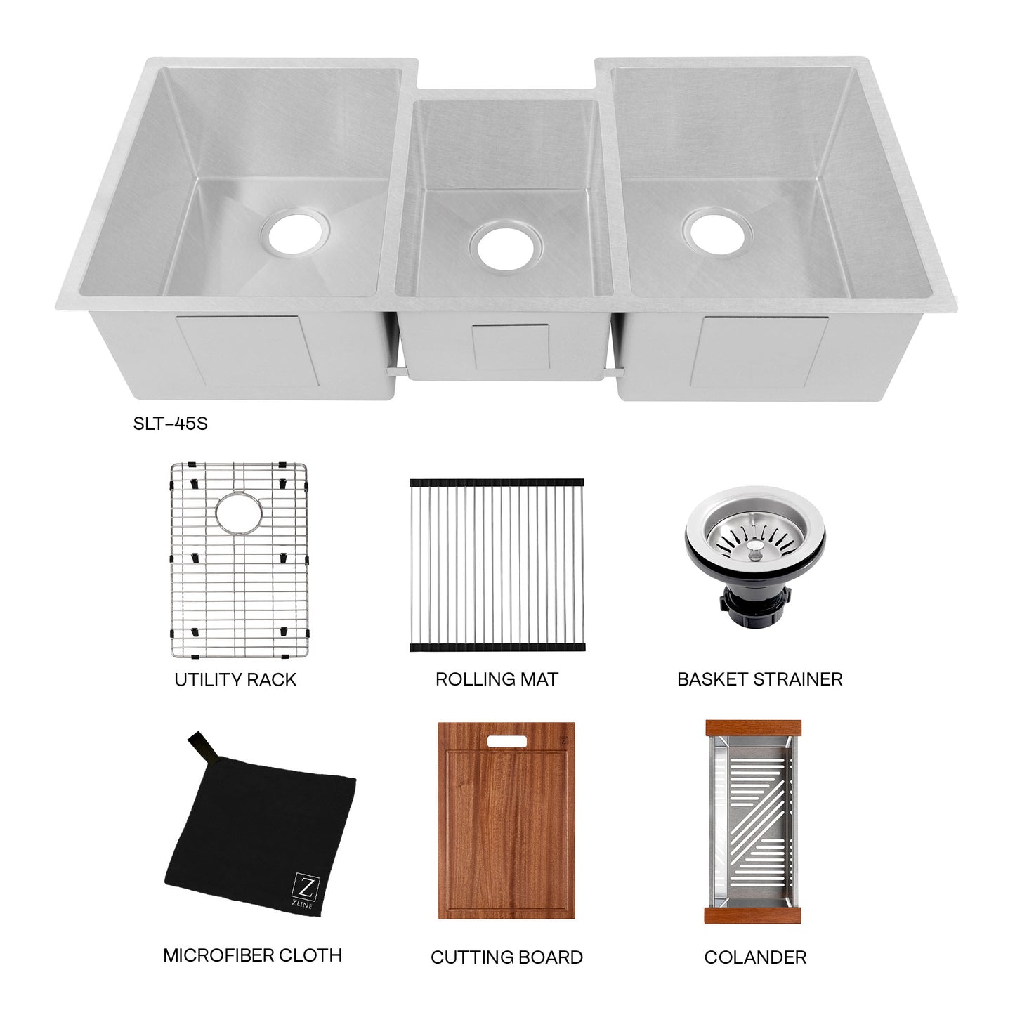 SLT-45S - 45" Breckenridge Undermount Triple Bowl Satin Stainless Steel Kitchen Sink with Bottom Grid