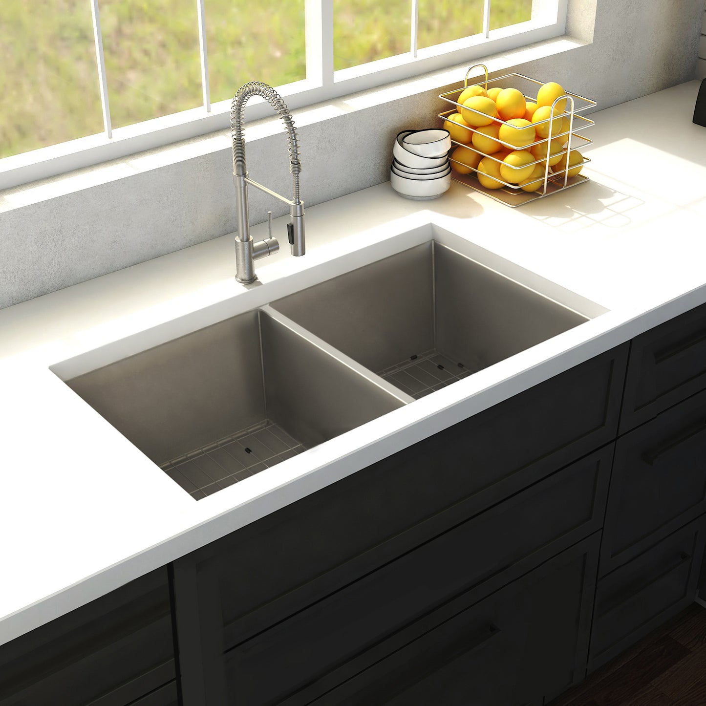 SR50D-36 - 36" Anton Undermount Double Bowl Stainless Steel Kitchen Sink with Bottom Grid