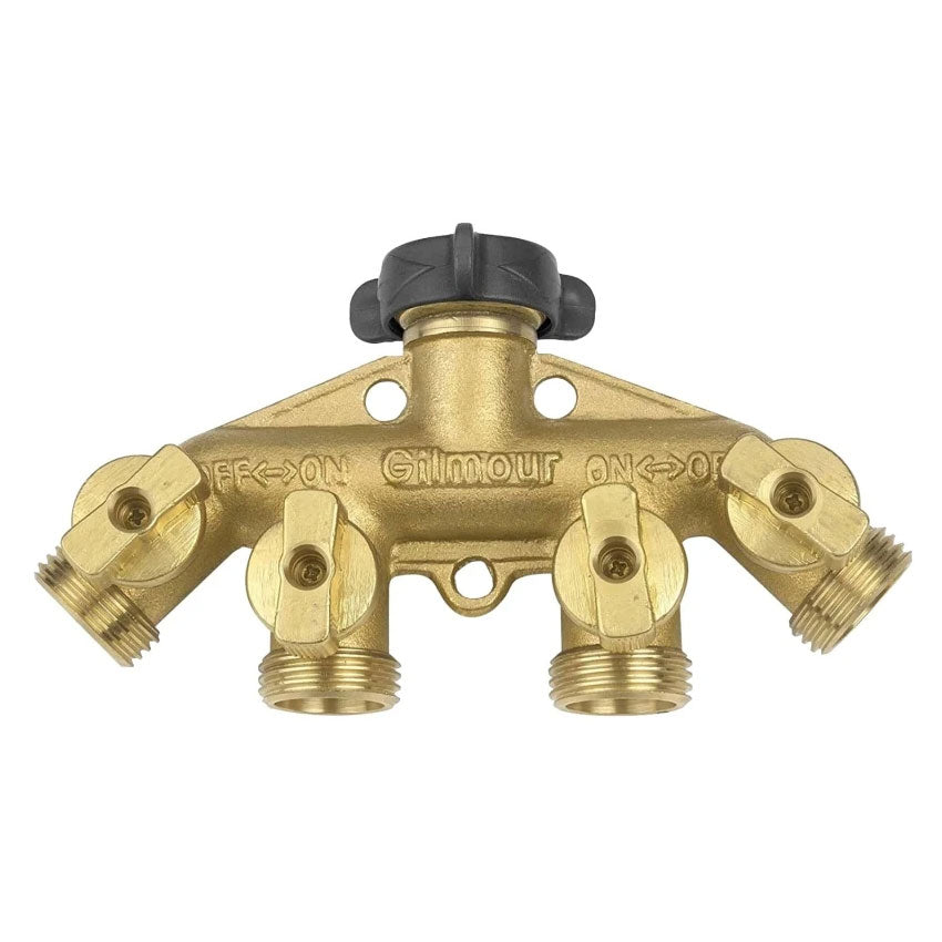 800444-1001 - 4 Way Brass Hose Adapter with Shut Offs