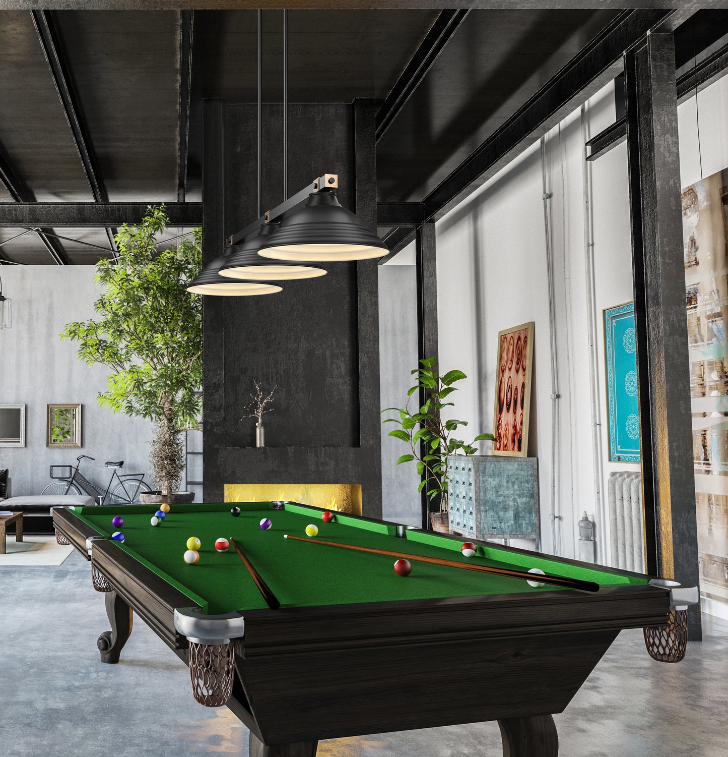 1955-3MB-RB-SMB - Bronte 3 Light 55" Billiard - Matte Black / Rubbed Brass