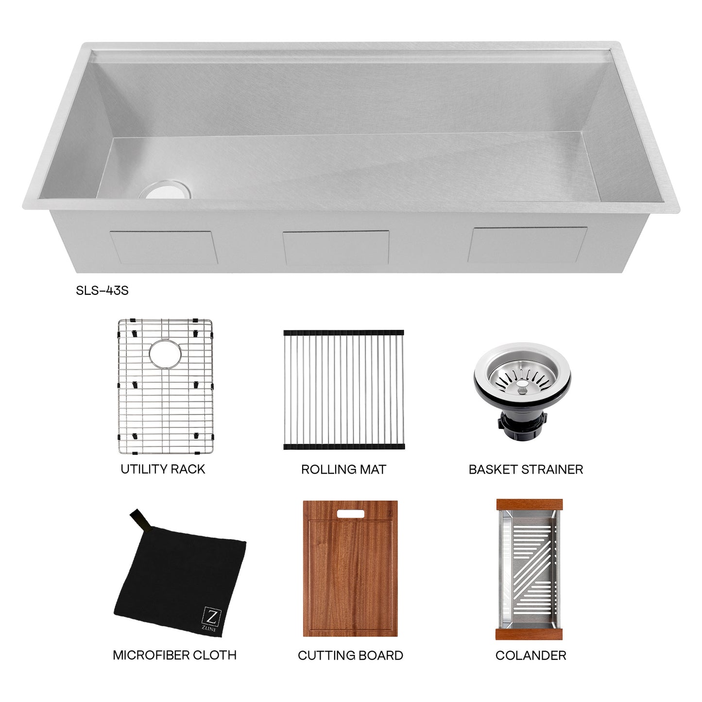 SLS-45S - 45" Garmisch Undermount Single Bowl Satin Stainless Steel Kitchen Sink with Bottom Grid and Accessories
