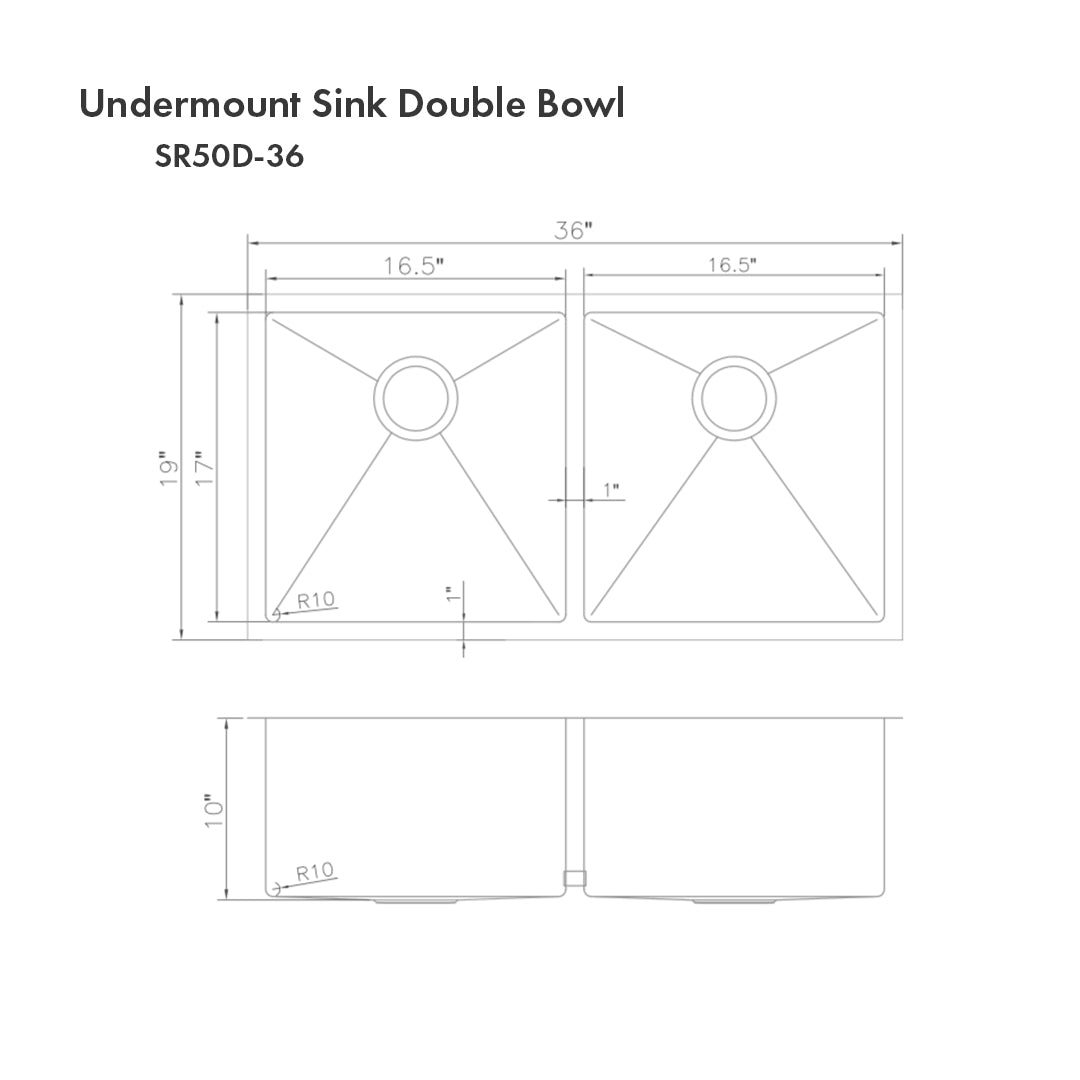 SR50D-36 - 36" Anton Undermount Double Bowl Stainless Steel Kitchen Sink with Bottom Grid