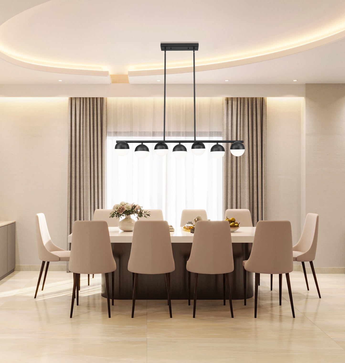 7517-7L-MB - Realm Sphere 7 Light Linear 54" Chandelier - Matte Black