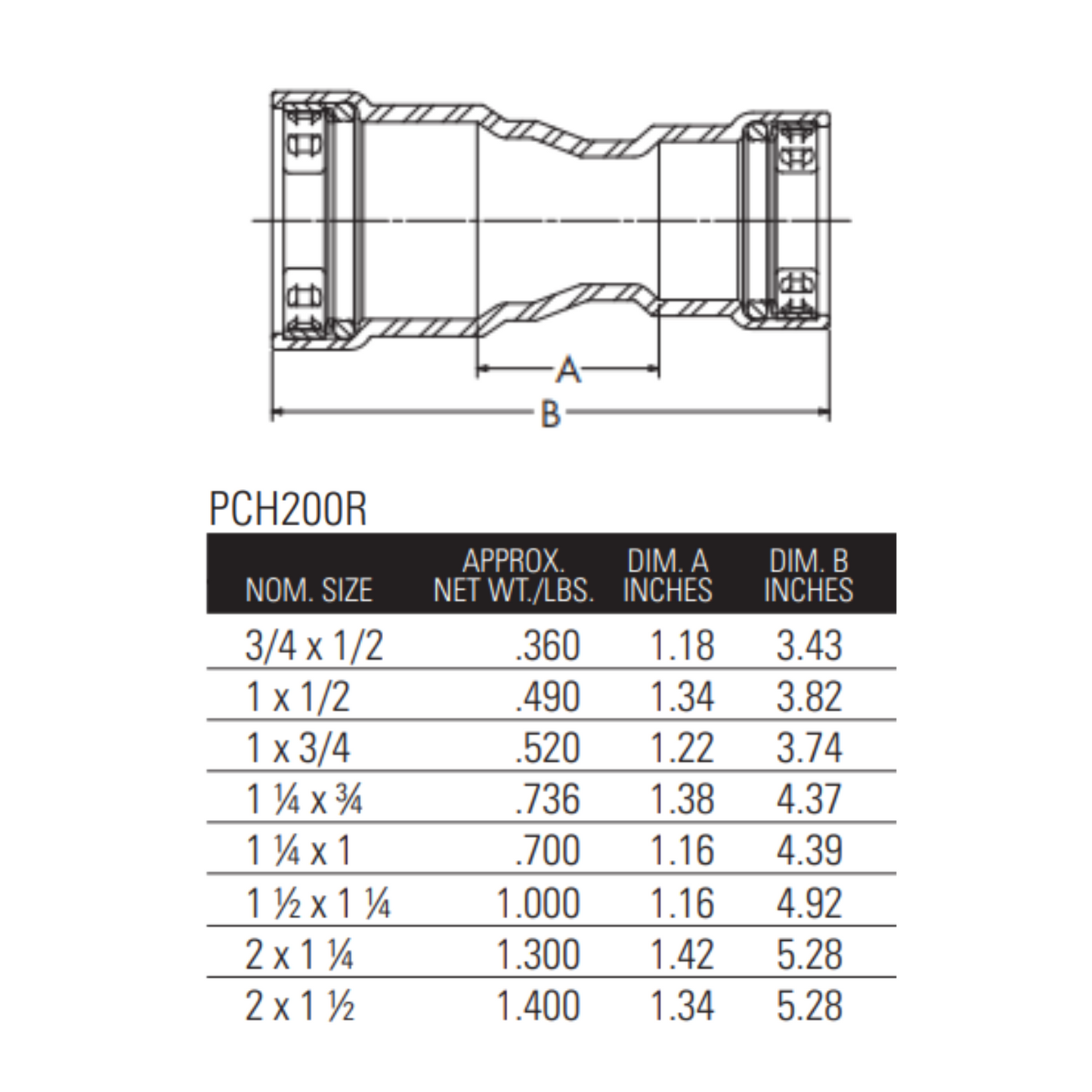 nibco press fittings 3/4" x 1/2" benchpress reducer press x press dimensions