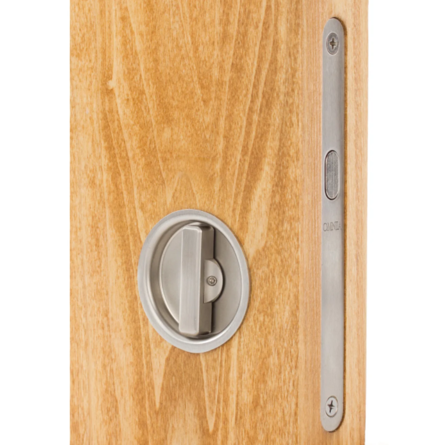 3910.32D - 2-3/8" Wide - Round Mortise - Pocket Door Lock - Satin Nickel