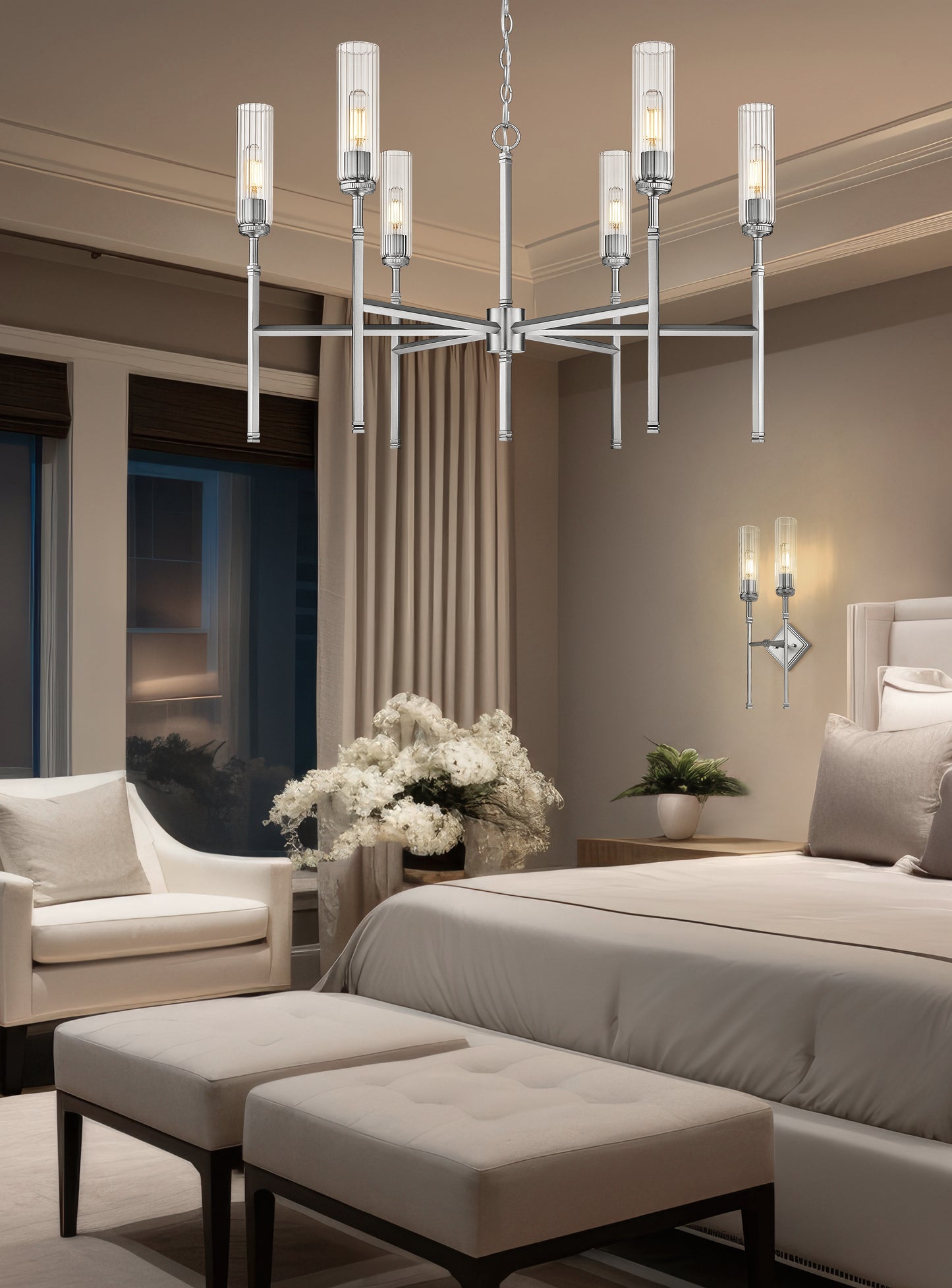 3047-6BN - Esme 6 Light 38" Chandelier - Brushed Nickel