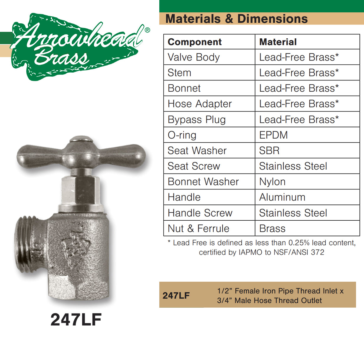 247LF - Lead Free Washing Machine Valve - 1/2" FIP x 3/4" Hose Thread