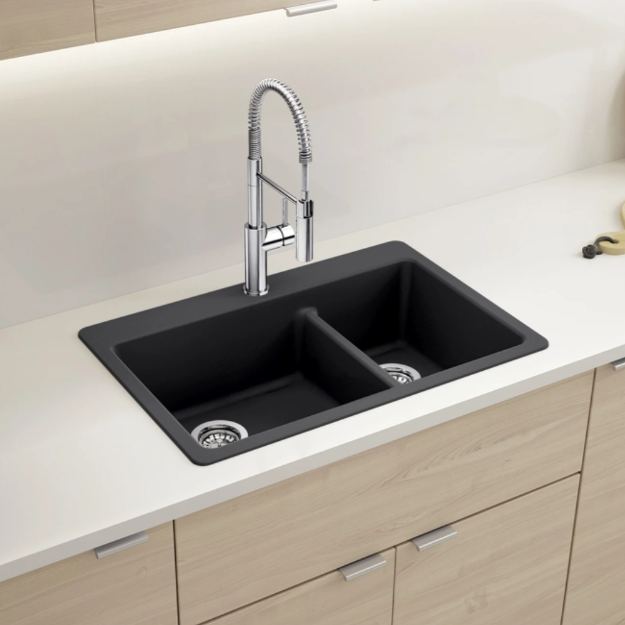 443211 - Liven SILGRANIT 33" 60/40 Double Bowl Dual Mount Kitchen Sink with Low Divide - Anthracite