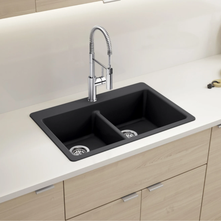443205 - Liven SILGRANIT 33" 50/50 Double Bowl Dual Mount Kitchen Sink with Low Divide - White
