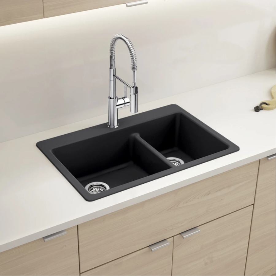 443215 - Liven SILGRANIT 33" 60/40 Double Bowl Dual Mount Kitchen Sink with Low Divide - Café