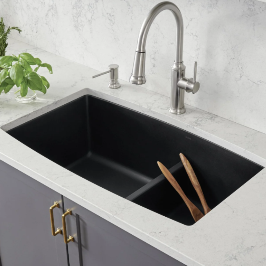 442939 - Performa SILGRANIT 33" 60/40 Double Bowl Undermount Kitchen Sink with Low Divide - Coal Black