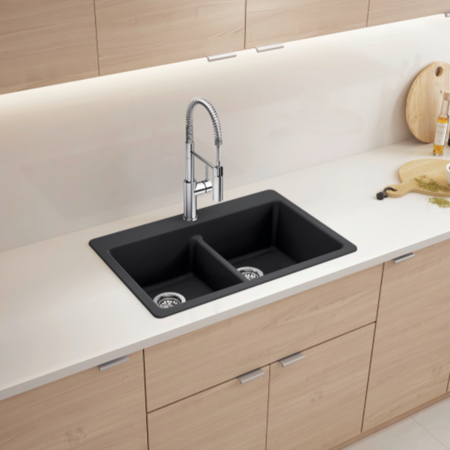 443208 - Liven SILGRANIT 33" 50/50 Double Bowl Dual Mount Kitchen Sink with Low Divide - Volcano Gray