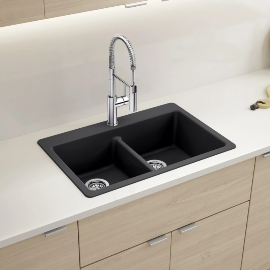443202 - Liven SILGRANIT 33" 50/50 Double Bowl Dual Mount Kitchen Sink with Low Divide - Coal Black