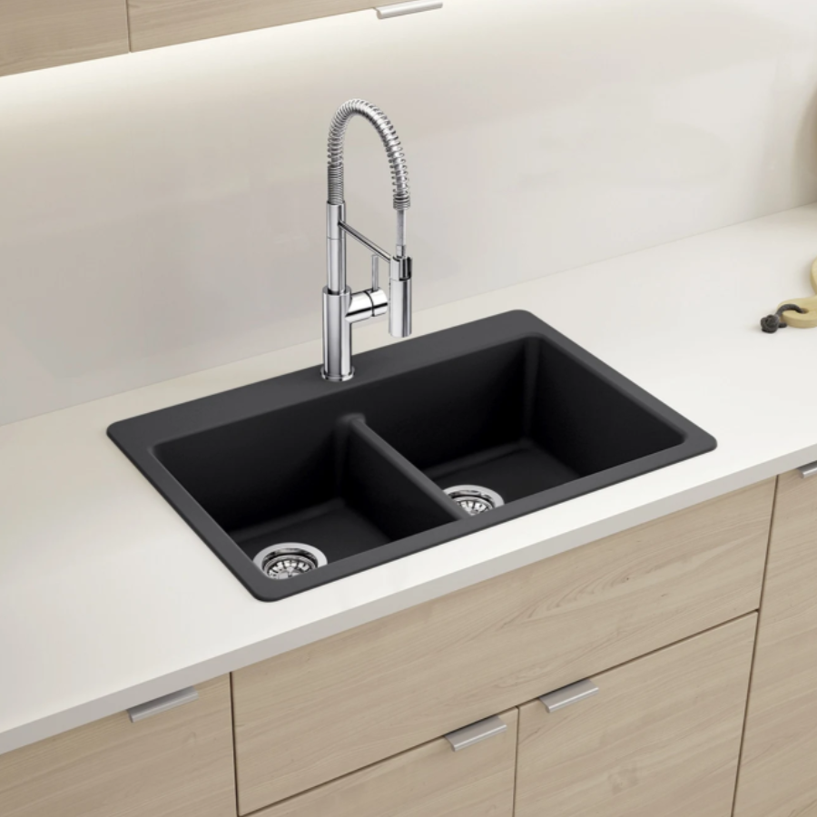 443204 - Liven SILGRANIT 33" 50/50 Double Bowl Dual Mount Kitchen Sink with Low Divide - Cinder