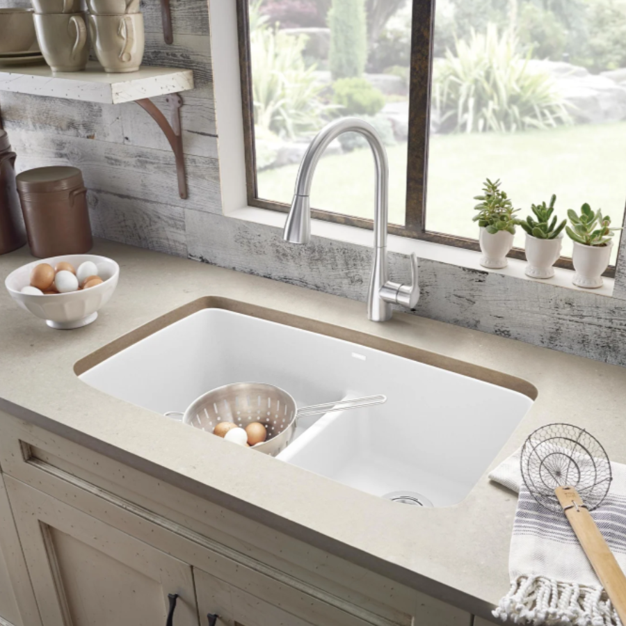 443089 - Valea SILGRANIT 32" 50/50 Double Bowl Undermount Kitchen Sink with Low Divide - Soft White