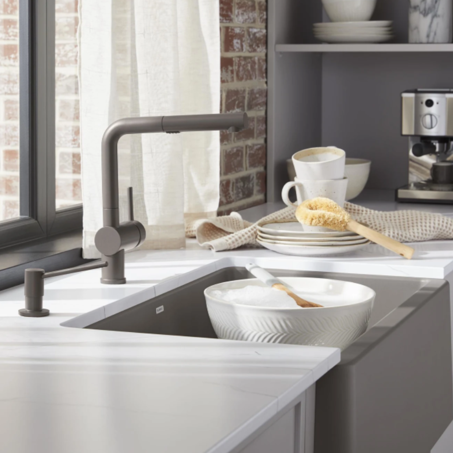 443269 - Linus Low Arc Pull-Out Dual-Spray Kitchen Faucet - Satin Dark Steel