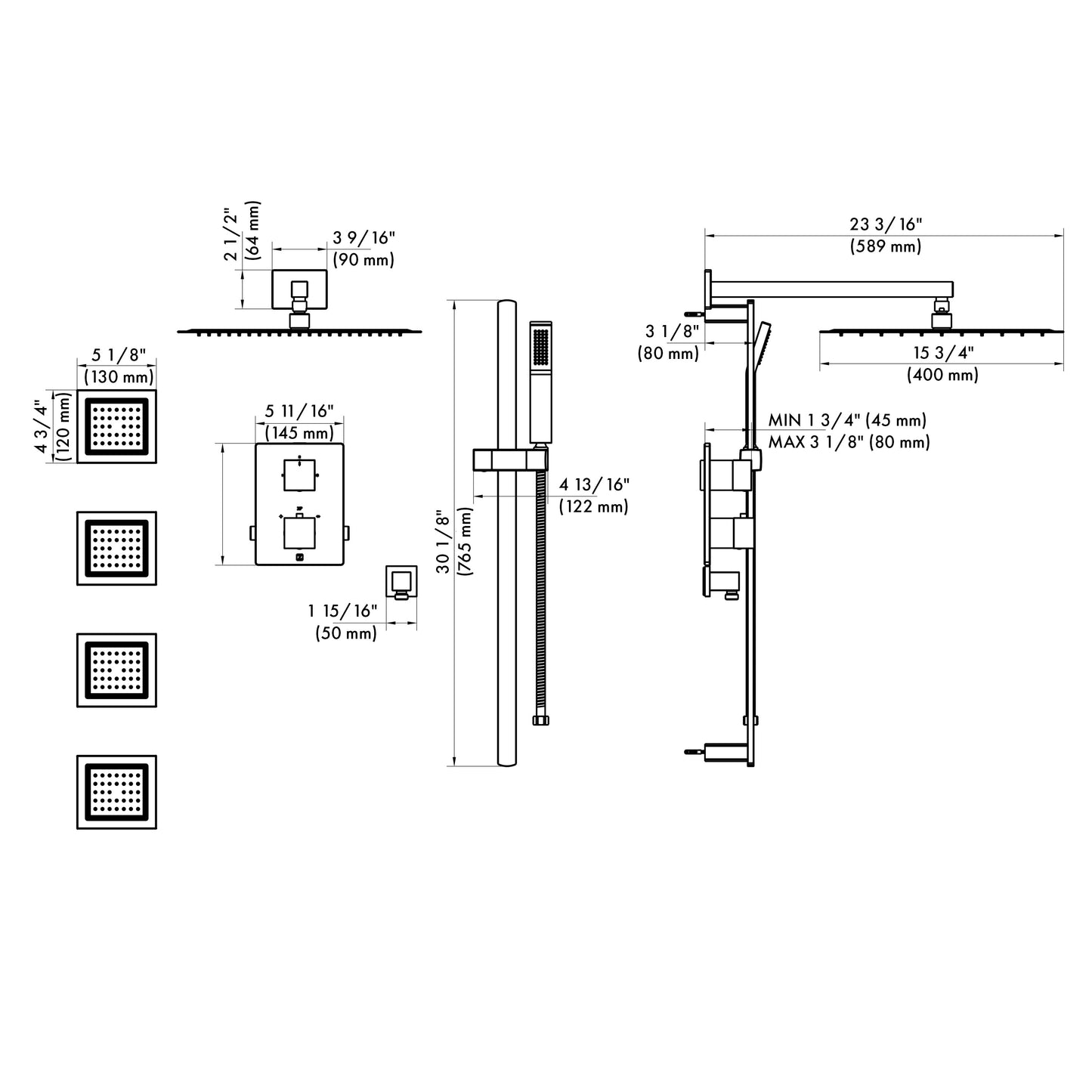 CBY-SHS-T3-BN - Crystal Bay Thermostatic Shower System with Body Jets in Brushed Nickel