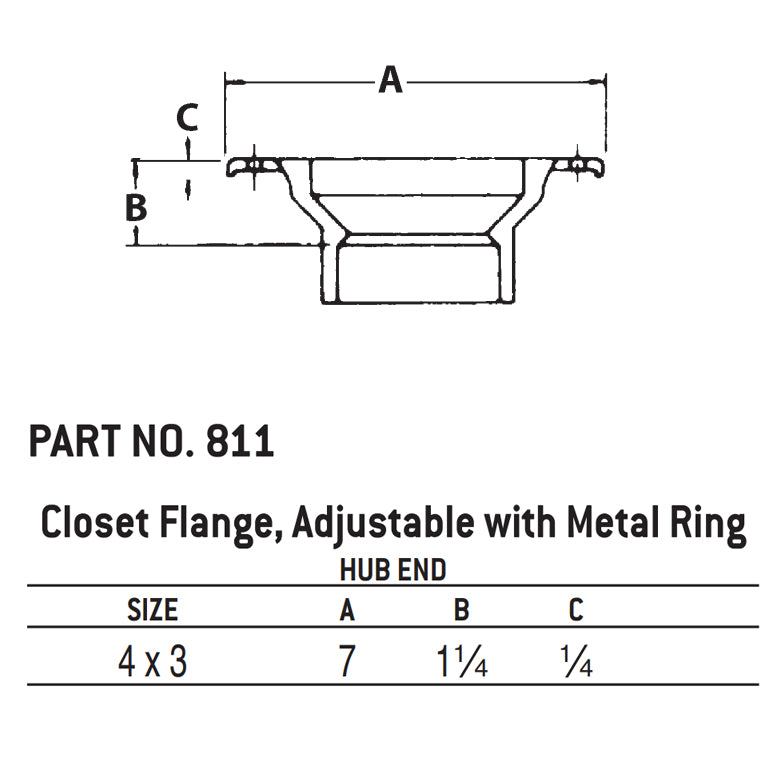 31-8237 - 4" x 3" Hub ABS Closet Flange with Adjustable Metal Ring