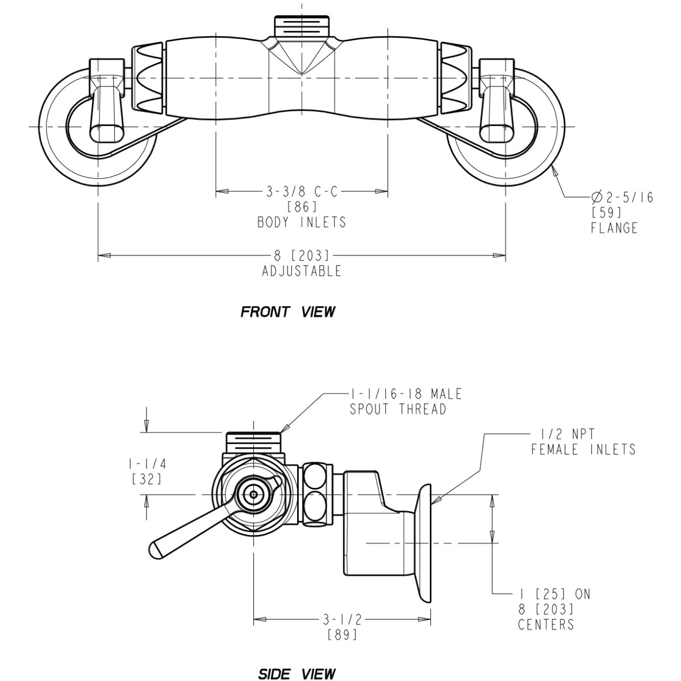 445-LESAB - Wall Mounted Manual Faucet with Adjustable Centers - Less Spout - Chrome