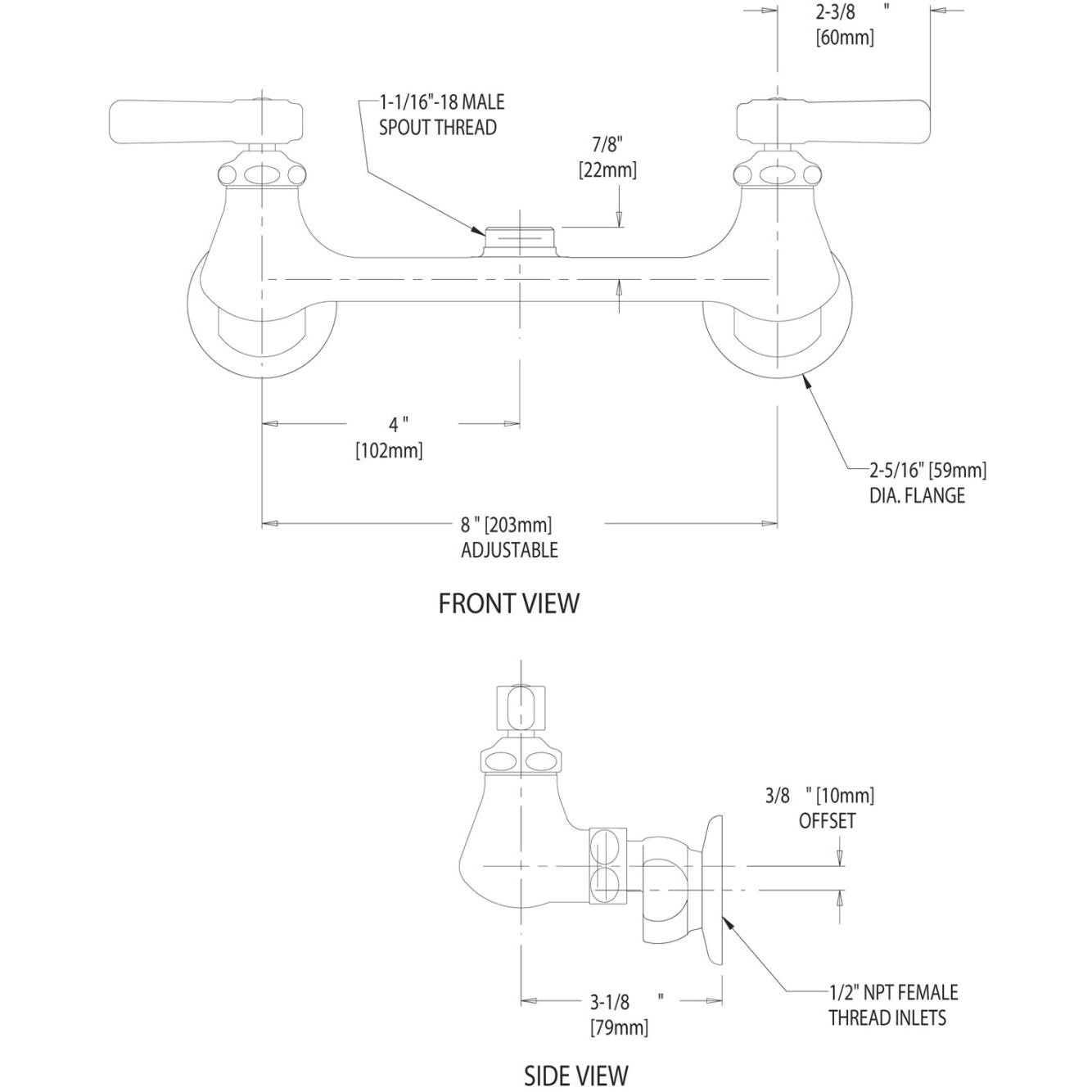 540-LDLESAB - Wall Mounted Manual Faucet with Adjustable Centers - Less Spout - Chrome