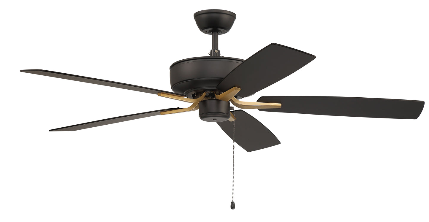 P52FBSB5-52BWNFB - Pro Plus 52" 5 Blade Ceiling Fan - Pull Chain - Flat Black / Satin Brass