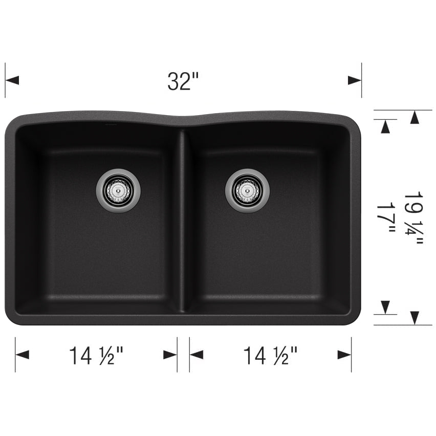 442913 - 32" Diamond Equal Double Bowl Undermount Kitchen Sink - Coal Black