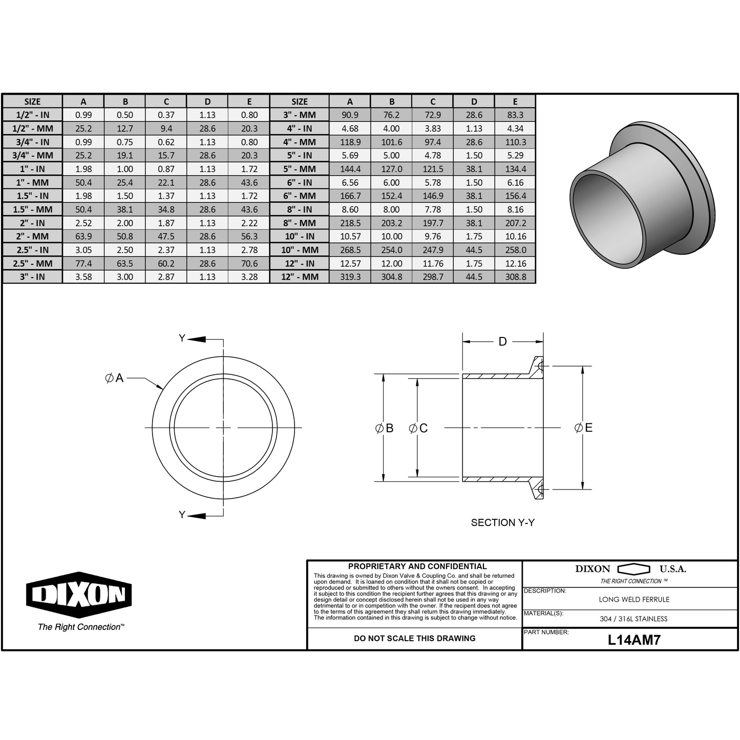 L14AM7-R200 - 2" 316L Stainless Steel Long Weld Ferrule