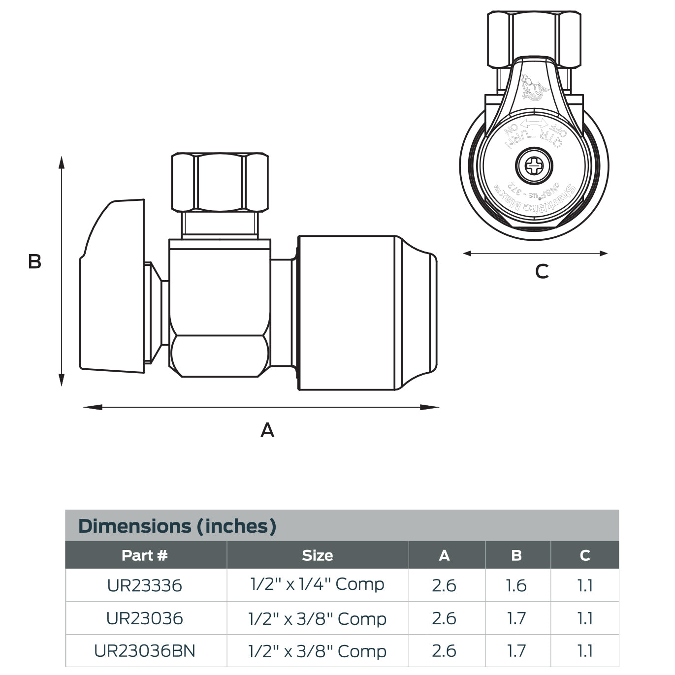 23036-0000LF - 1/2" SharkBite x 3/8" Compression Brass Angle Stop Lead Free