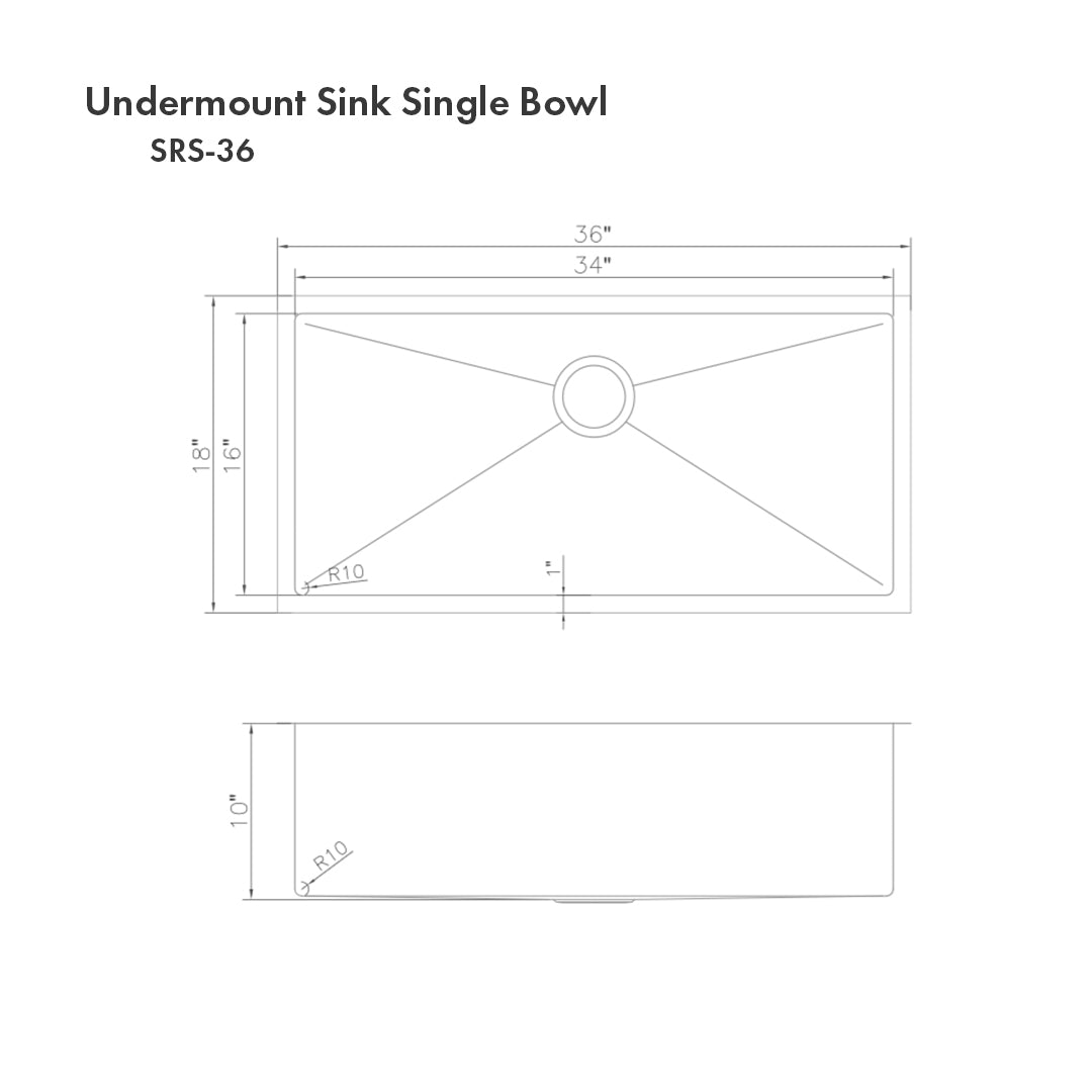 SRS-36 - 36" Meribel Undermount Single Bowl Stainless Steel Kitchen Sink with Bottom Grid