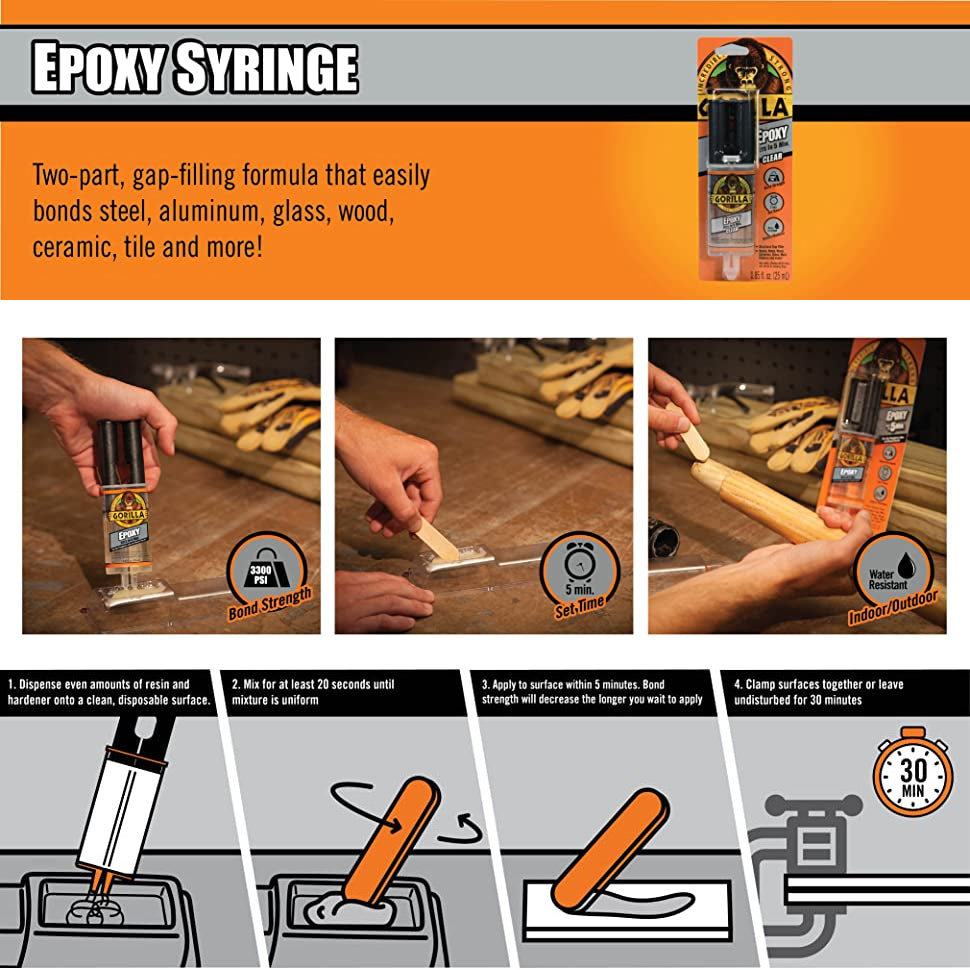 Gorilla 4200101 - 2 Part Epoxy, 5 Minute Set, .85 ounce Syringe, Clear