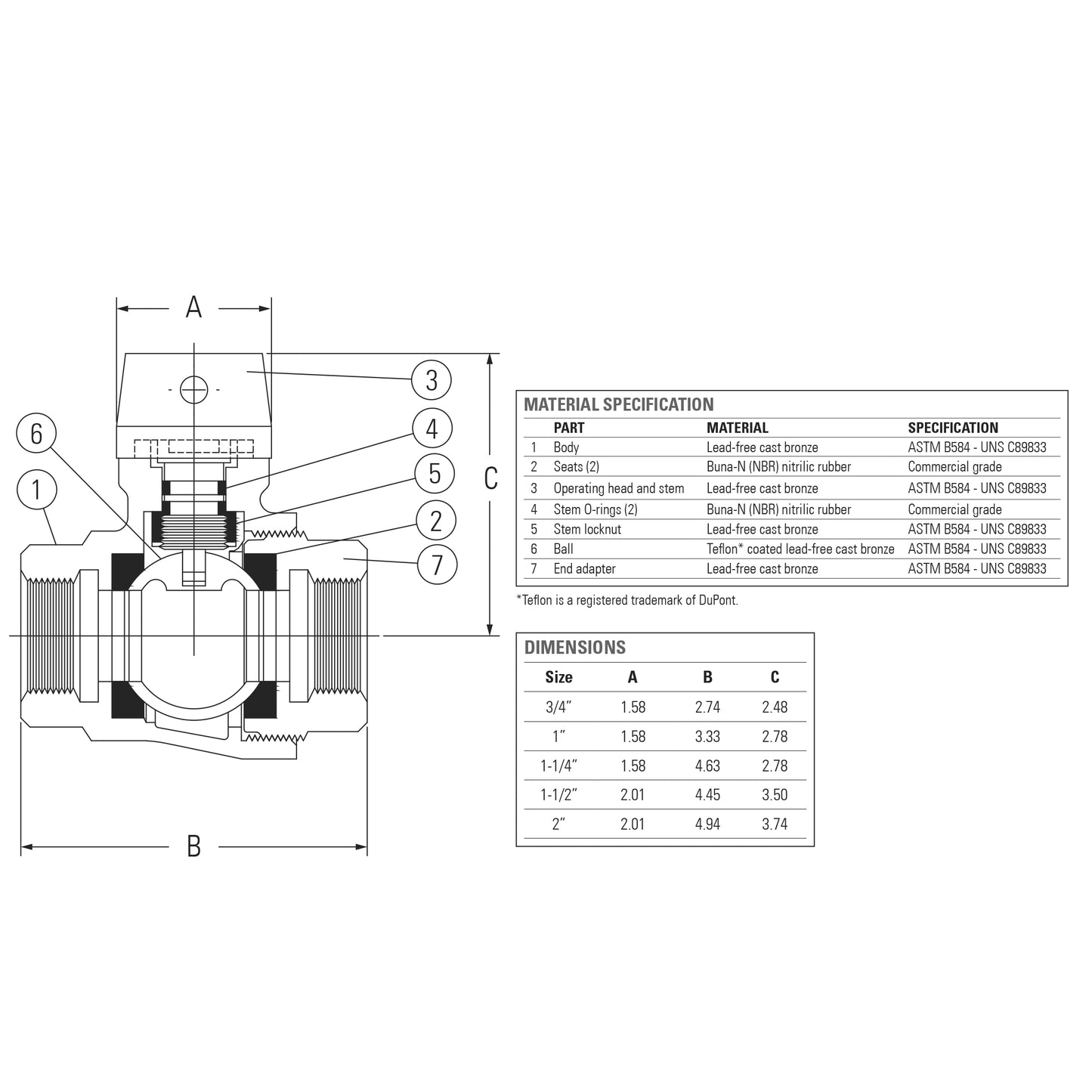 314-255NL - 1" T-5500NL No Lead Bronze FNPT x FNPT Curb Stop