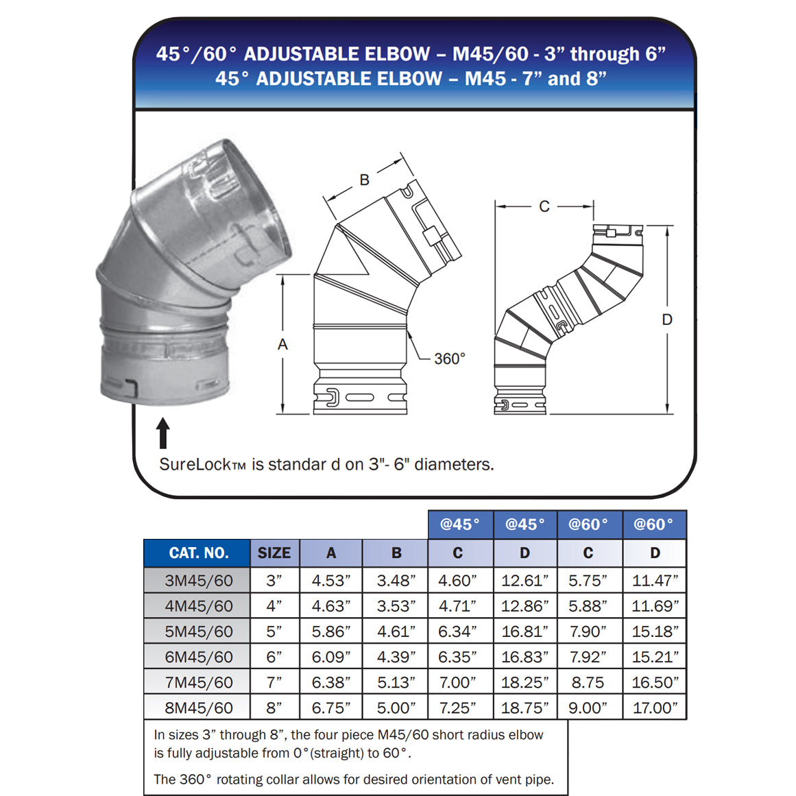 4M45/60 - Type-B Gas Vent 45 to 60 Degree Adjustable Elbow - 4"