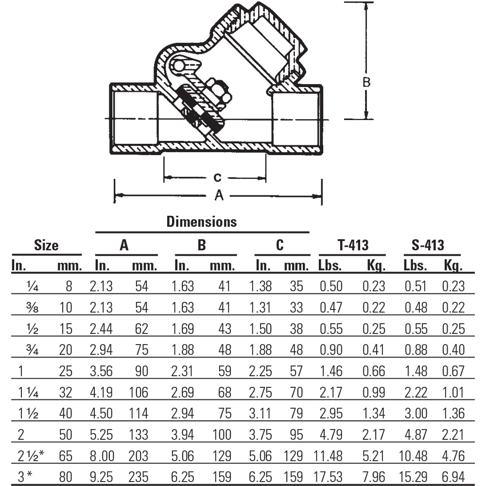 S-413-Y - Bronze Swing Y-Check Valve - PTFE Seat - Sweat