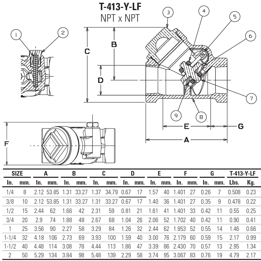 NL740X6 - T-413-Y-LF - Lead Free Bronze Swing Y-Check Valve - PTFE Seat - Threaded - 1/2"