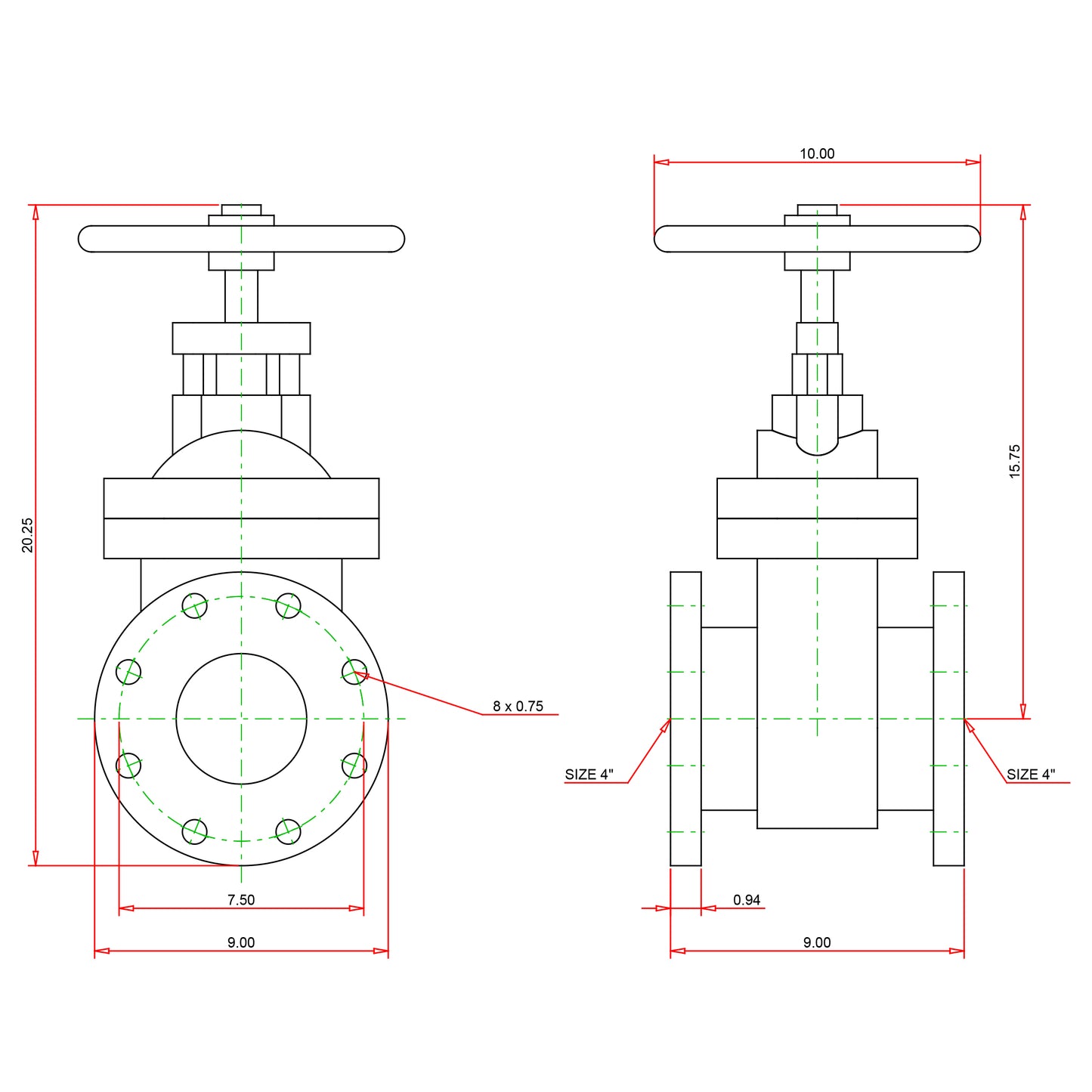 NHAC00H - Flanged Cast Iron Gate Valve - Handwheel - 4"