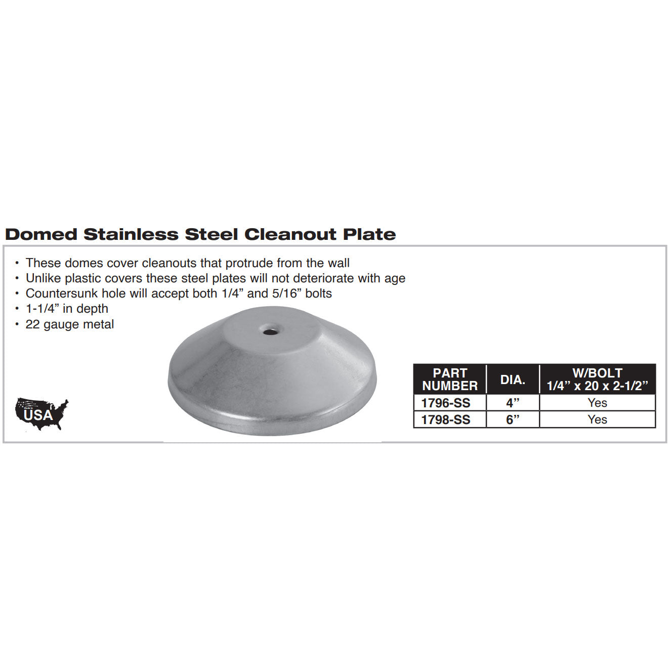 1796-SS - Domed Stainless Steel Cleanout Plate - 4"