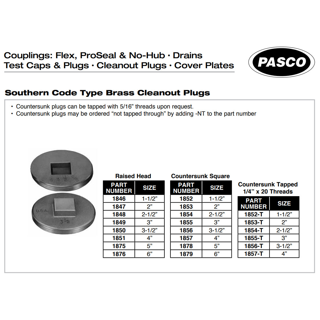 1852-T - Brass Countersunk Tapped Southern Code Cleanout Plug - 1-1/2"