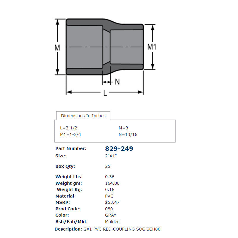 829-249 - PVC Schedule 80 Reducer Couplings, Socket, 2-Inch by 1-Inch