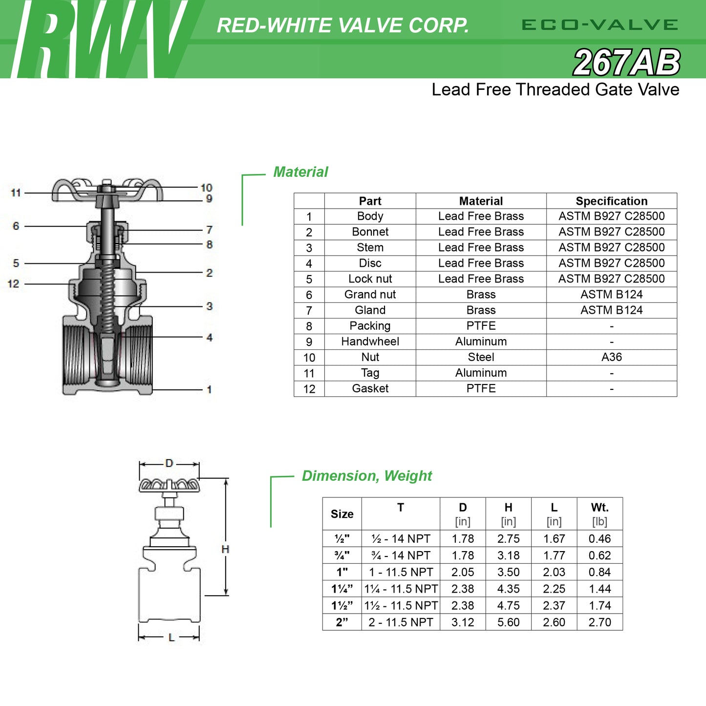 Red-White Valve 267AB - Lead Free Brass Gate Valve, FNPT x FNPT, 1/2"