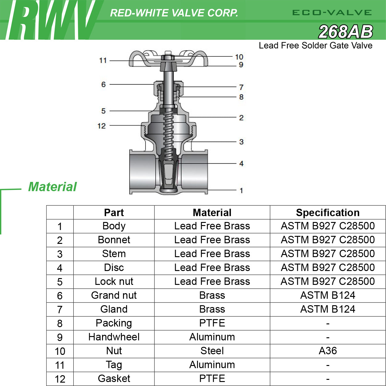 Red-White Valve 268AB - Lead Free Brass Gate, SWT x SWT, 1/2"