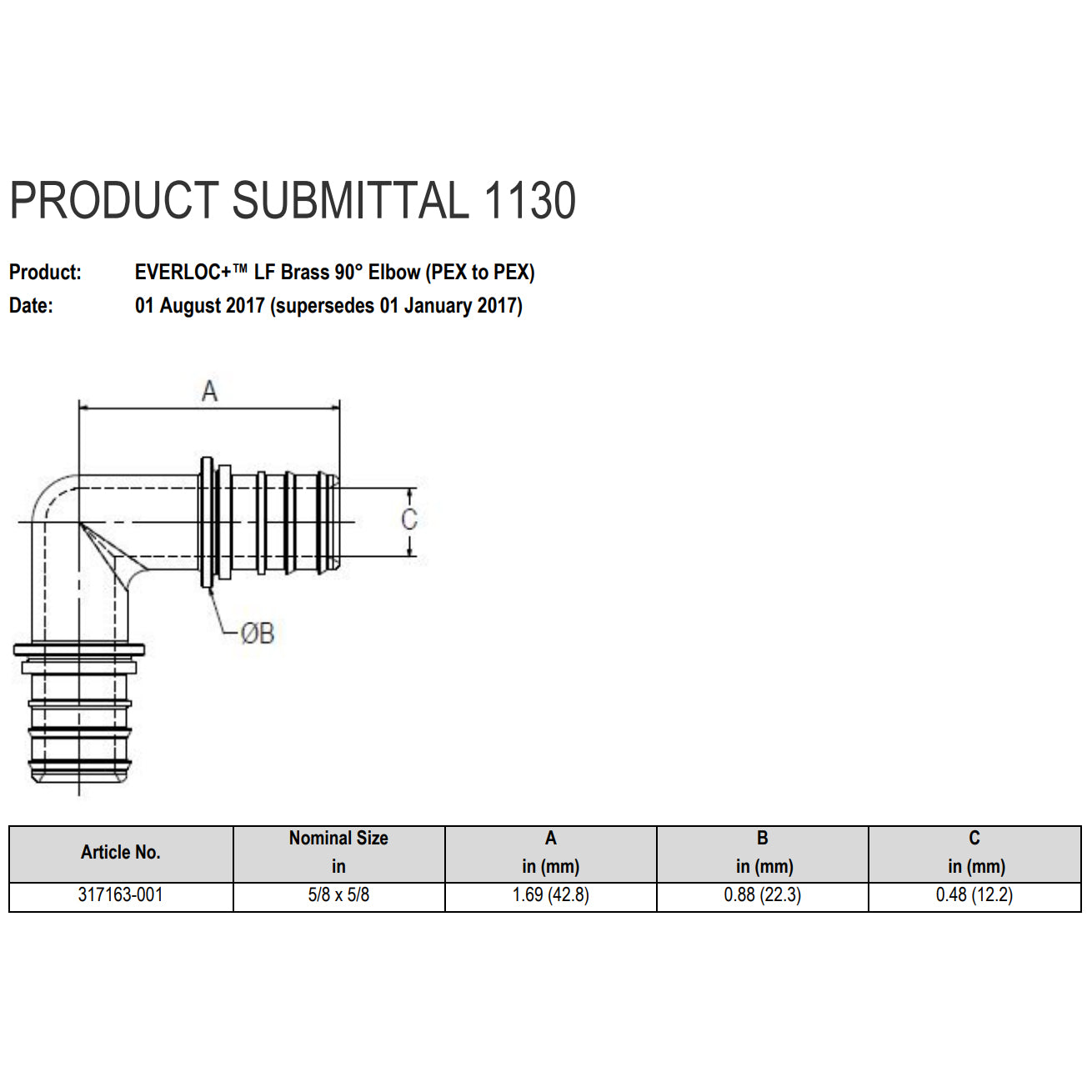 317163-001 - 5/8" x 5/8" EVERLOC+ LF Brass Elbow