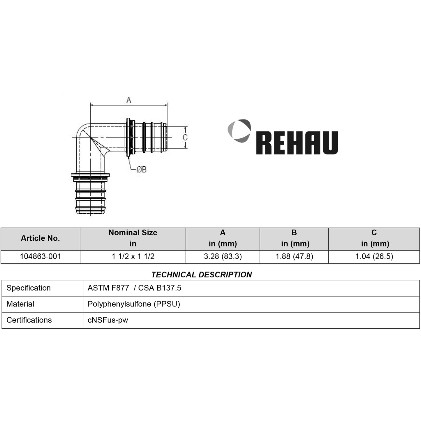 104863-001 - 1-1/2" x 1-1/2" EVERLOC+ Polymer Elbow, PEX to PEX