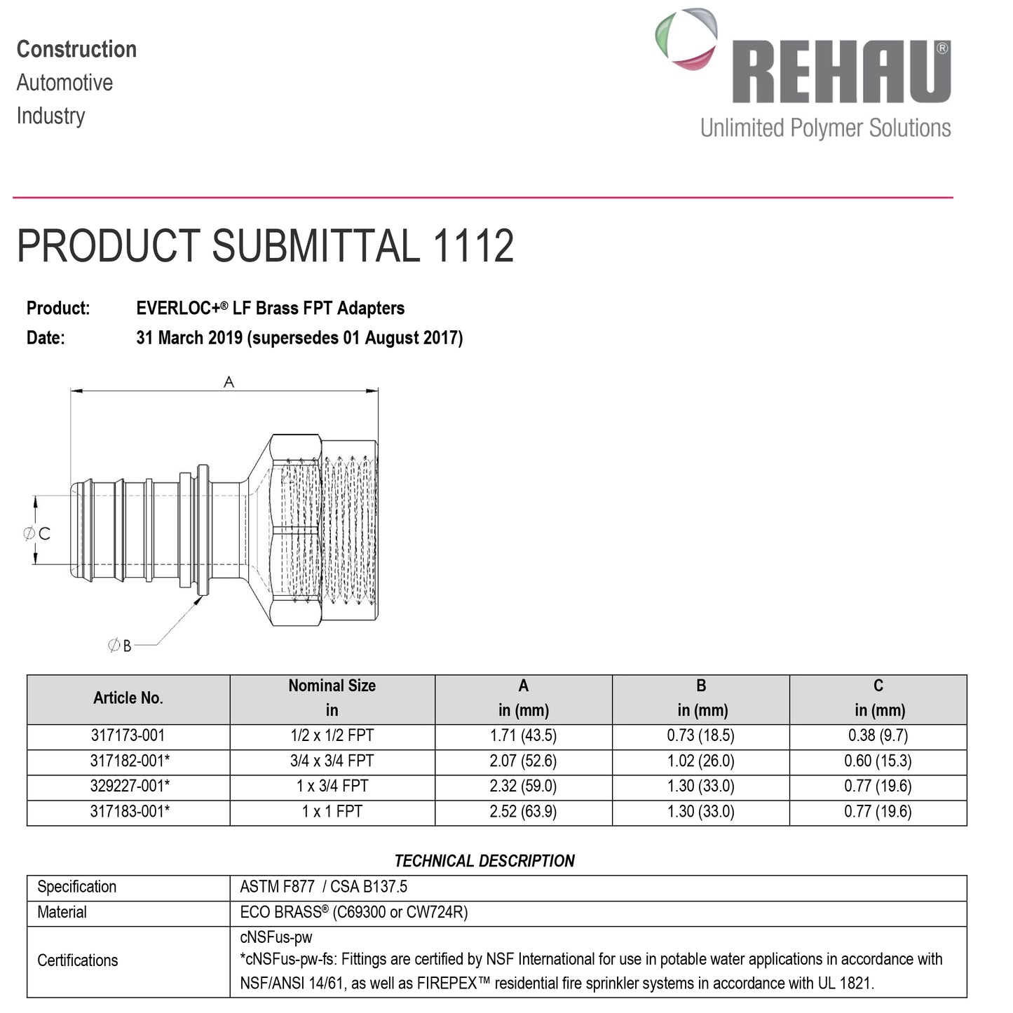 317182-001 - 3/4"x 3/4" FPT EVERLOC+ LF Brass Adapter