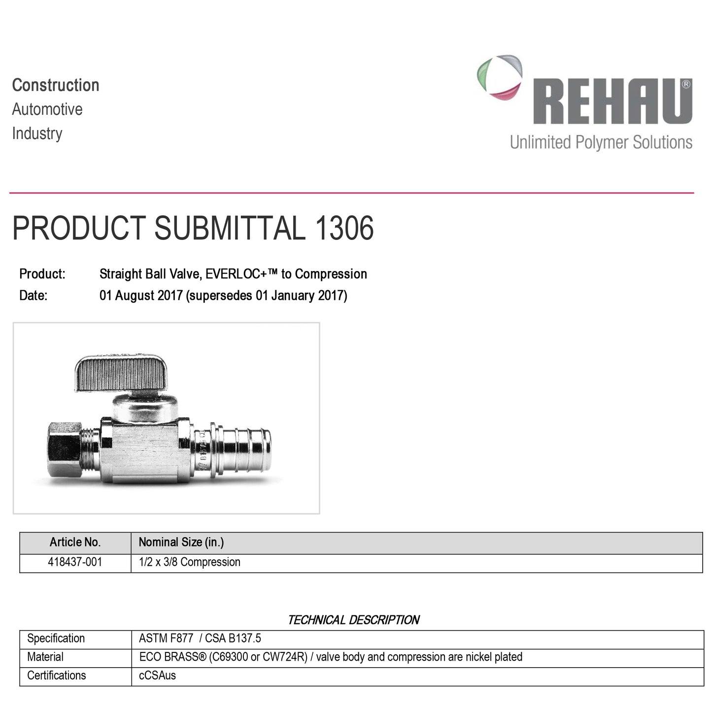 418437-001 - 1/2" EVERLOC+ x 3/8" Compression Straight Valve, Plated