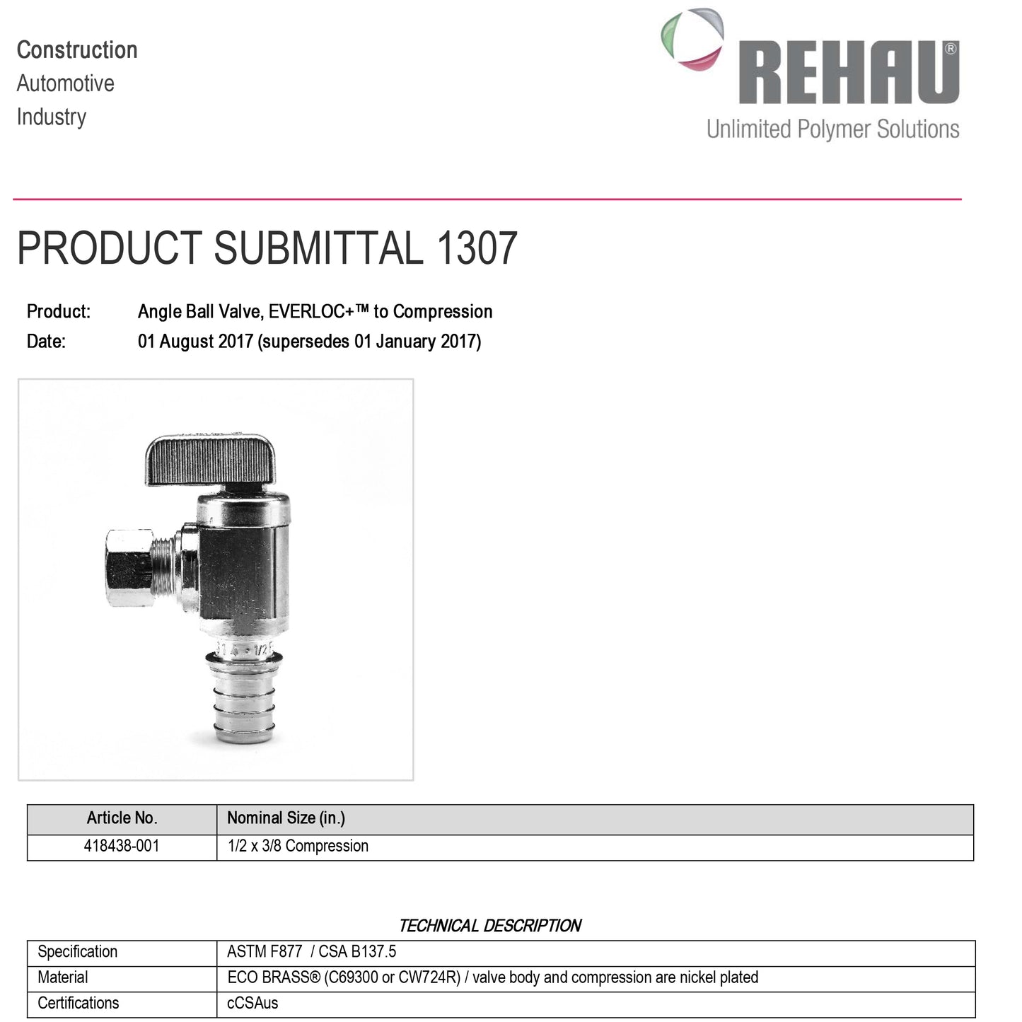 418438-001 - 1/2" EVERLOC+ x 3/8" Compression Angle Valve, Plated