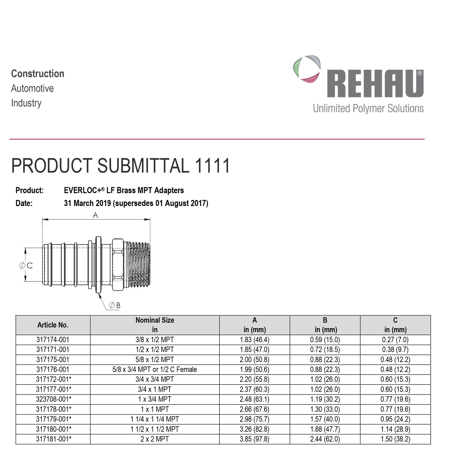 317172-001 - 3/4"x 3/4" MPT EVERLOC+ LF Brass Adapter