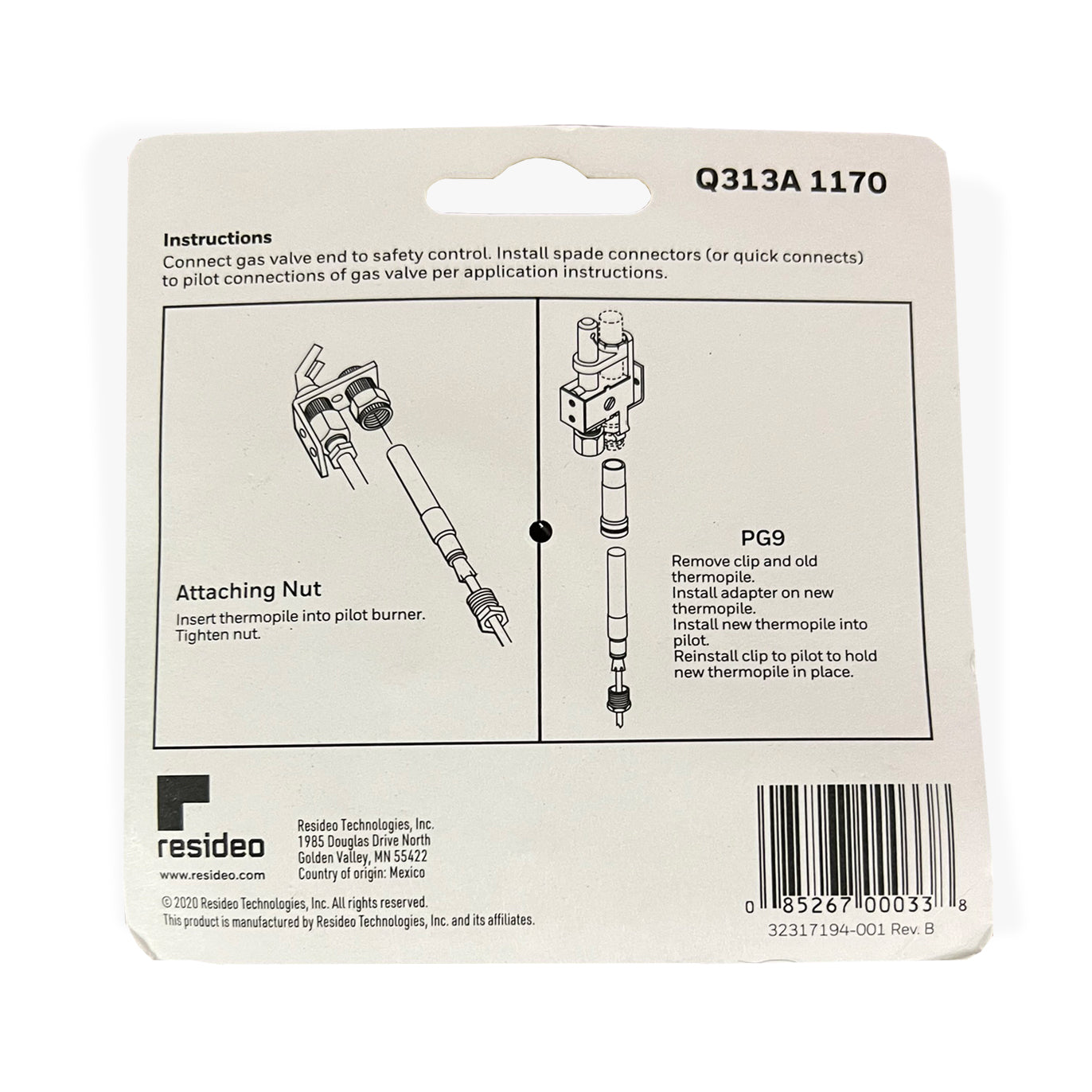 Honeywell Q313A1170/U - 35" Thermopile with PG9 Adapter and Attaching Nut, 750 mV