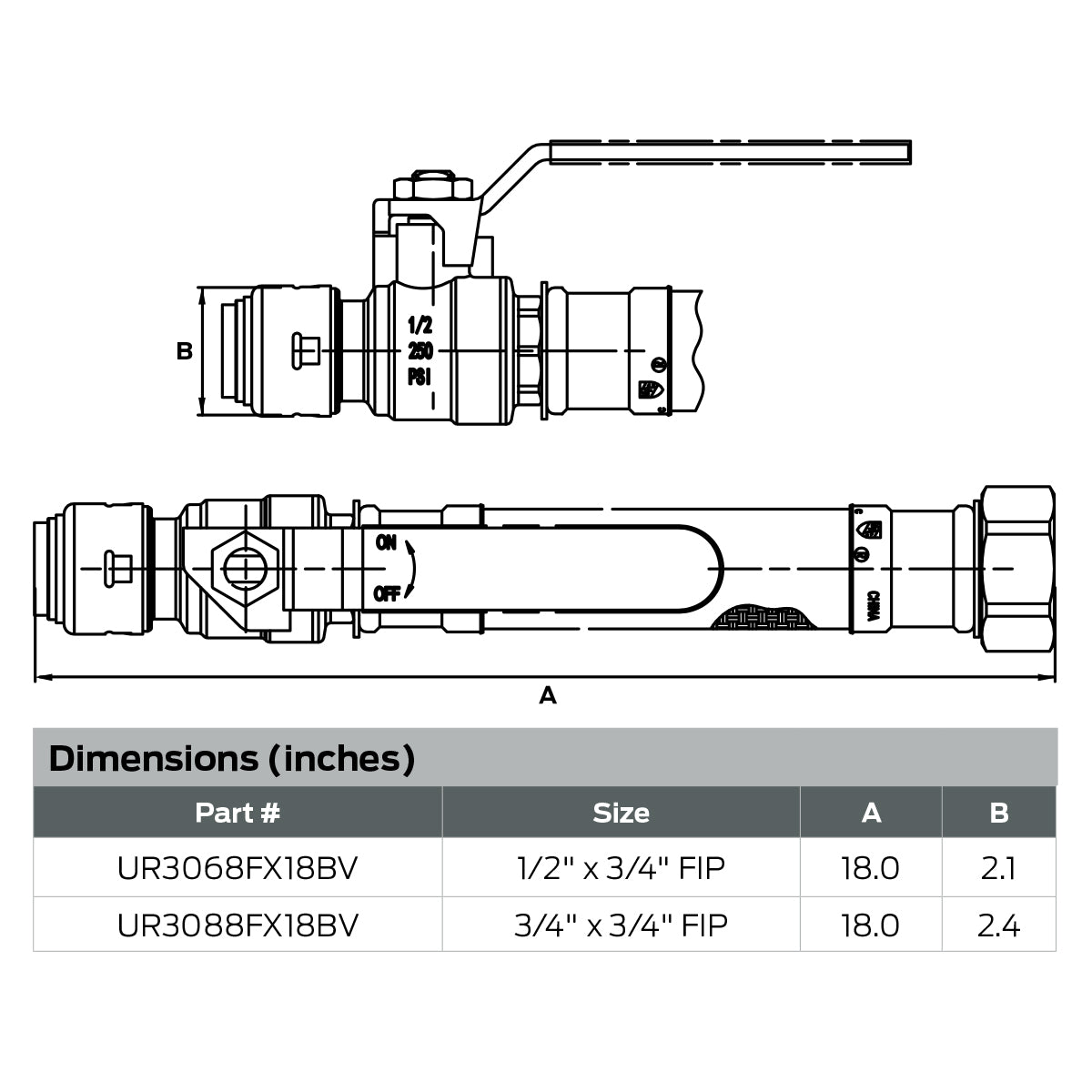 UR3088FX18BV - Stainless Steel Braided Water Heater Connector with Ball Valve - 3/4" PTC x FIP, 18"