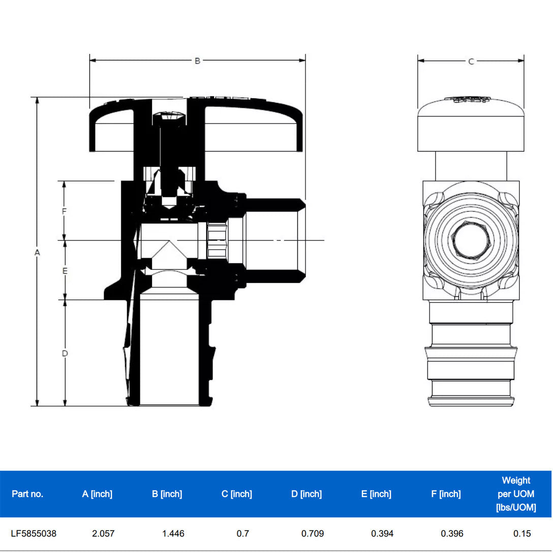 LF4855038 - ProPEX LF Brass Angle Stop Valve (full port), 1/2" PEX - Engineered Polymer (EP)